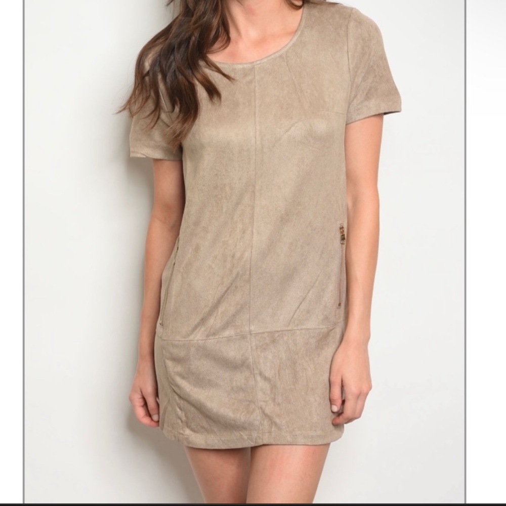 Soft Suede Khaki Dress with Gold Zipper and Gold Snap Button Detail